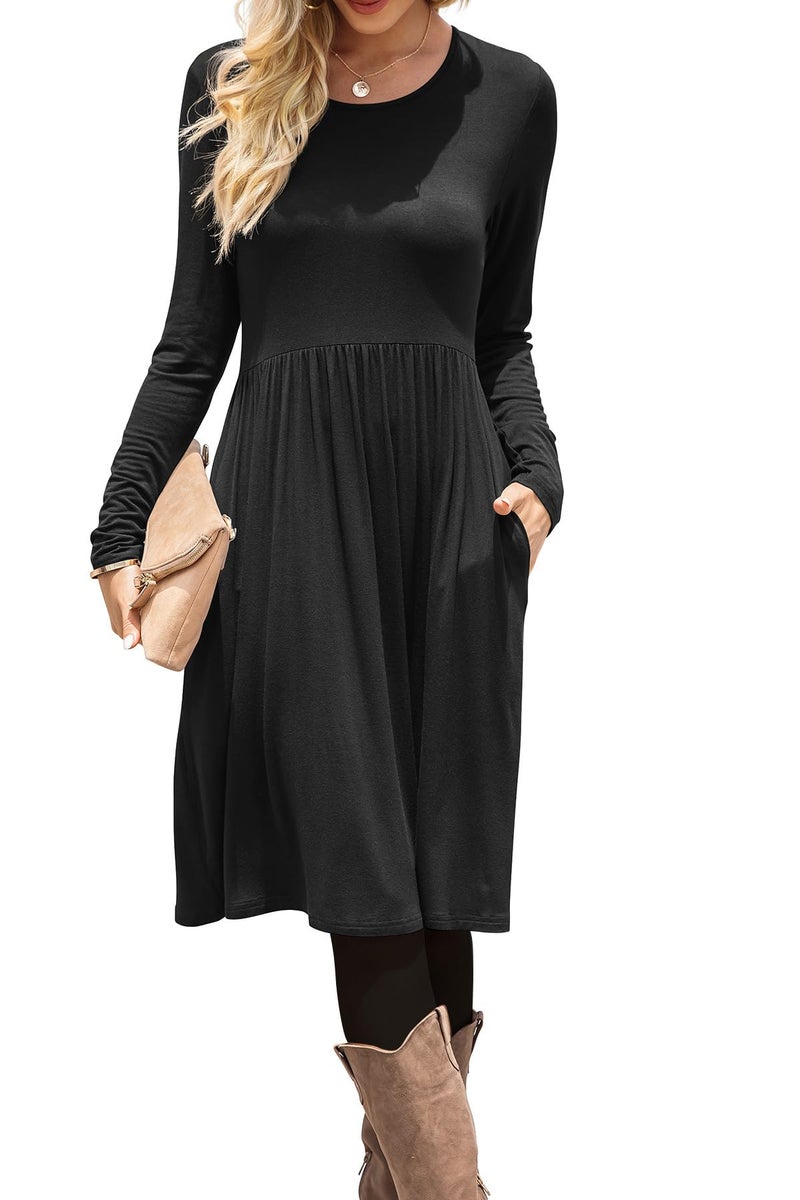 DB MOON Women Casual Long Sleeve Dresses Empire Waist Loose Dress with Pockets (Black, S) - Image 1